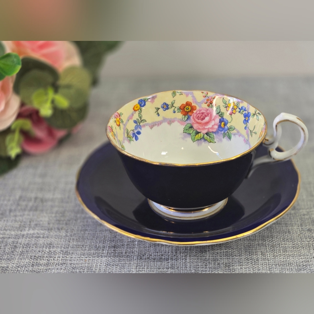 Vintage Aynsley Cobalt Blue Teacup & Saucer Pink Roses Floral Bone China England